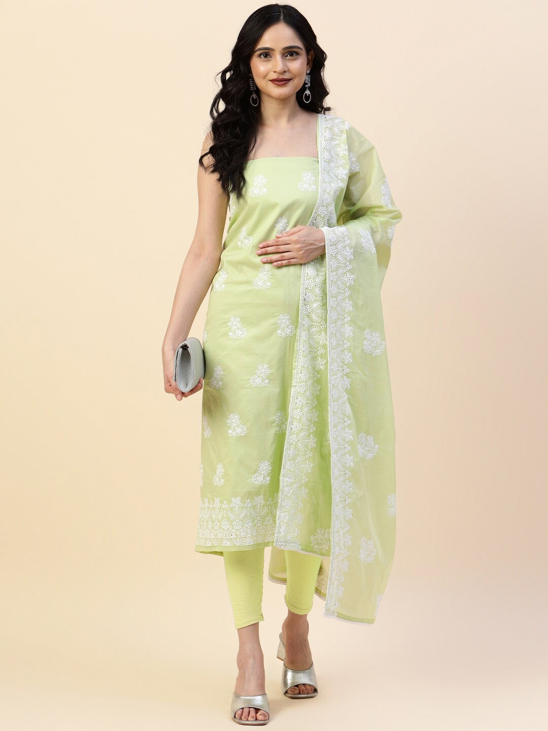 Meena Bazaar Embroidered Pure Cotton Unstitched Dress Material, Lime green