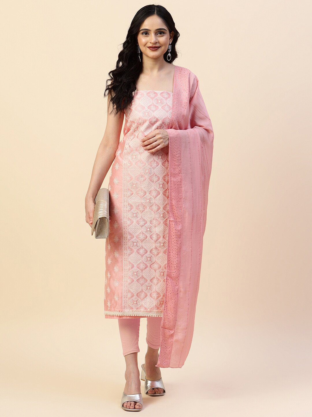Meena Bazaar Embroidered Art Silk Unstitched Dress Material, Pink