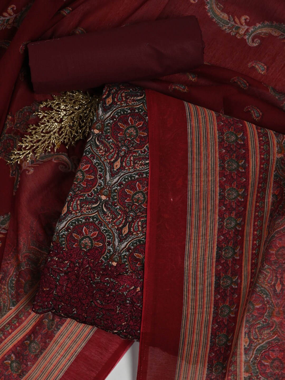 Meena Bazaar Printed Unstitched Dress Material, Burgundy