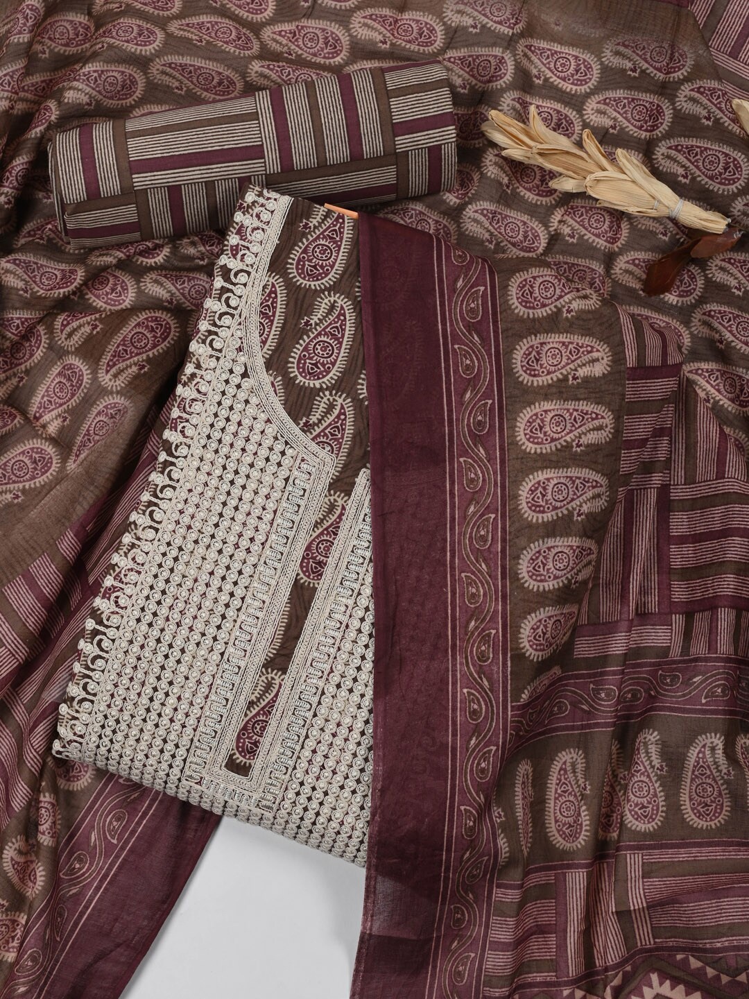Meena Bazaar Paisley Printed Unstitched Dress Material, Brown