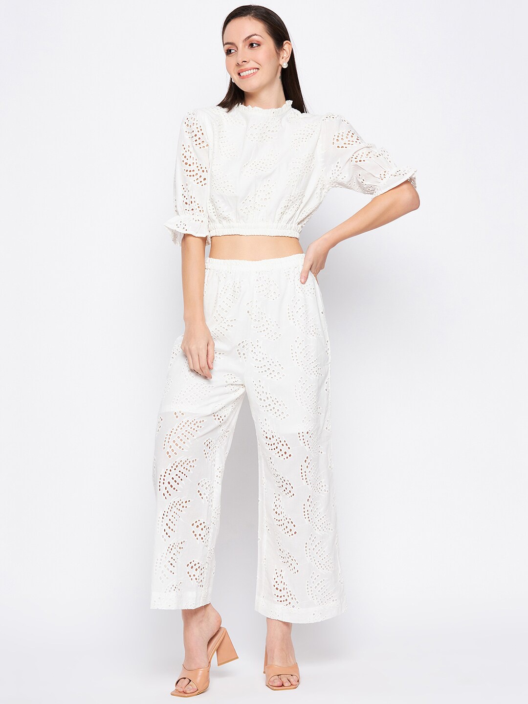 Madame Schiffli Top With Trousers Co-Ords, White