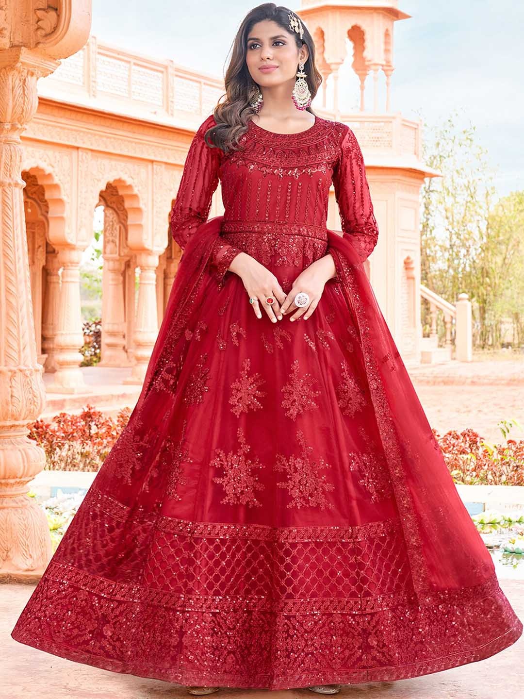 ODETTE Ethnic Motif Embroidered Sequinned Anarakali Kurta With Trousers & Dupatta, Red
ODETTE Ethnic Motif Embroidered Sequinned Anarakali Kurta With Trousers & Dupatta, Red
