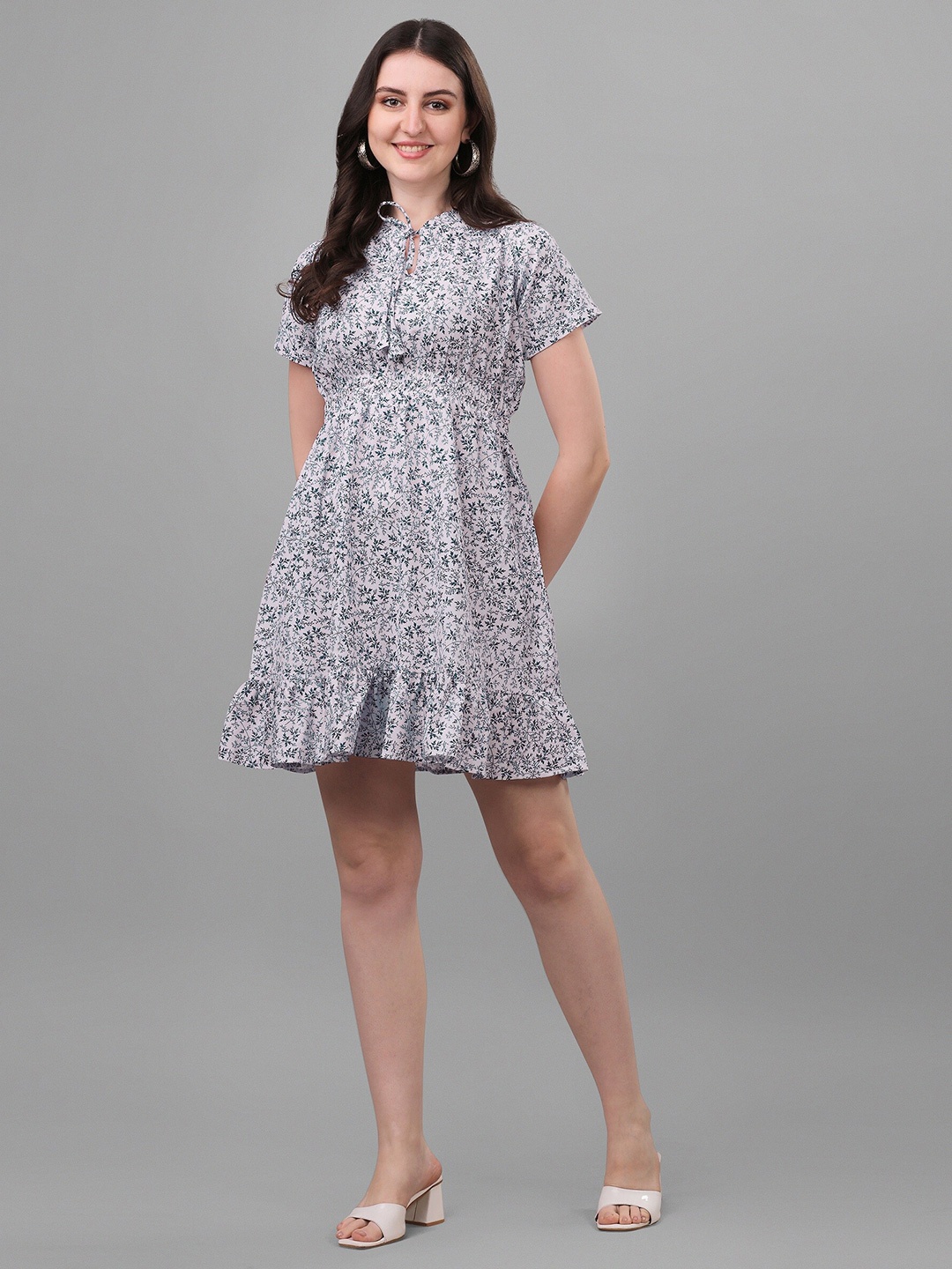 Shiv Textiles Floral Printed Tie Up Neck Cotton A-Line Dress, Blue