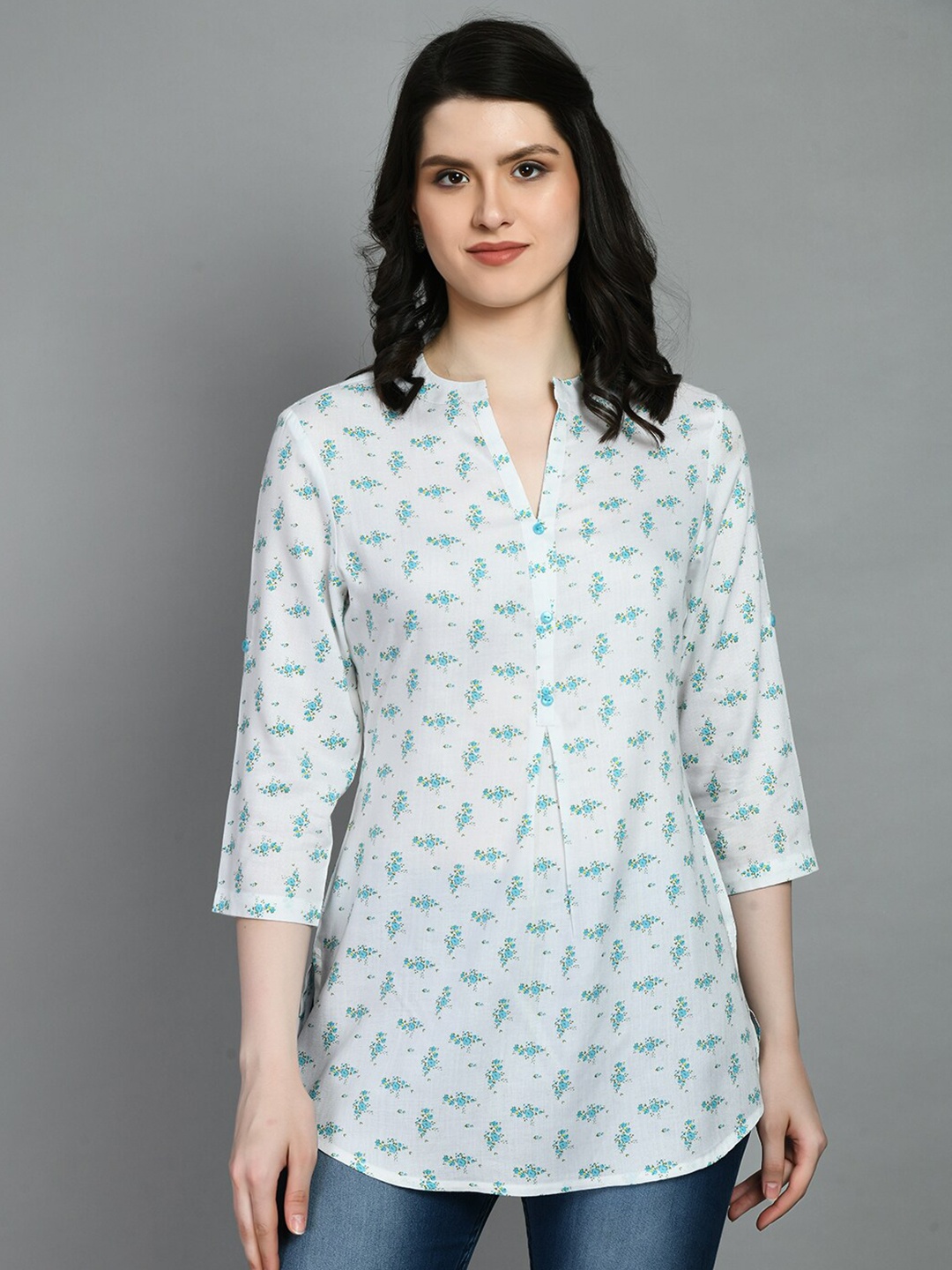 MEESAN Mandarin Collar Floral Printed Tunic, White