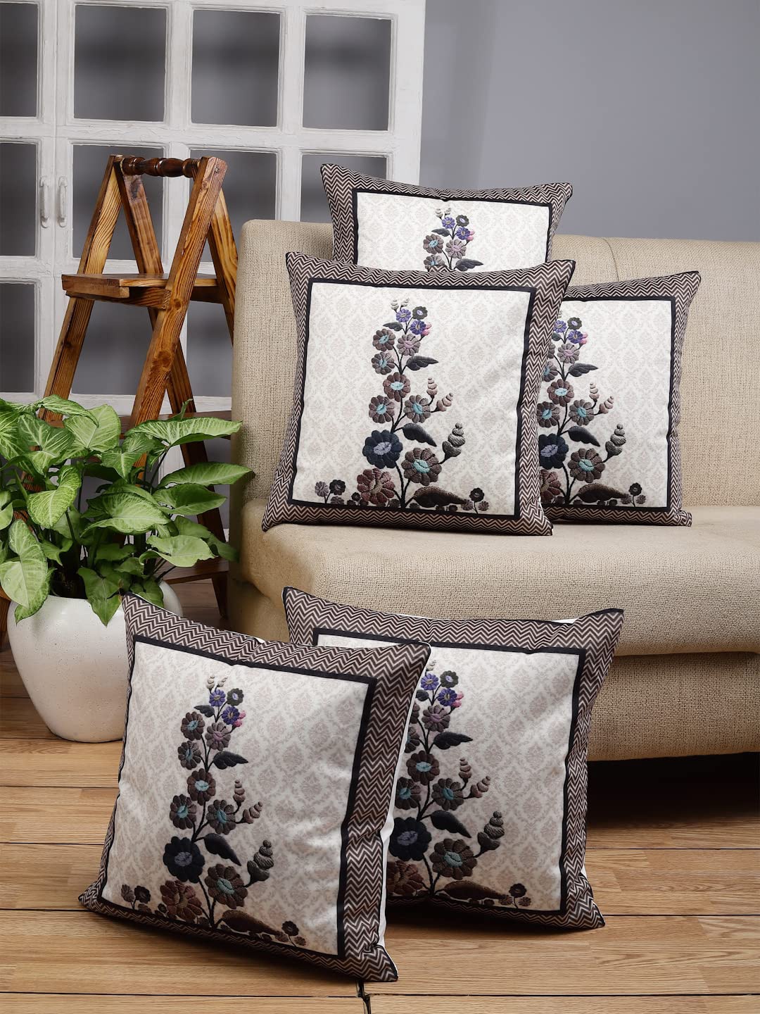 Stylespace by Isha White & Grey 5-Pieces Floral Velvet Square Cushion Covers