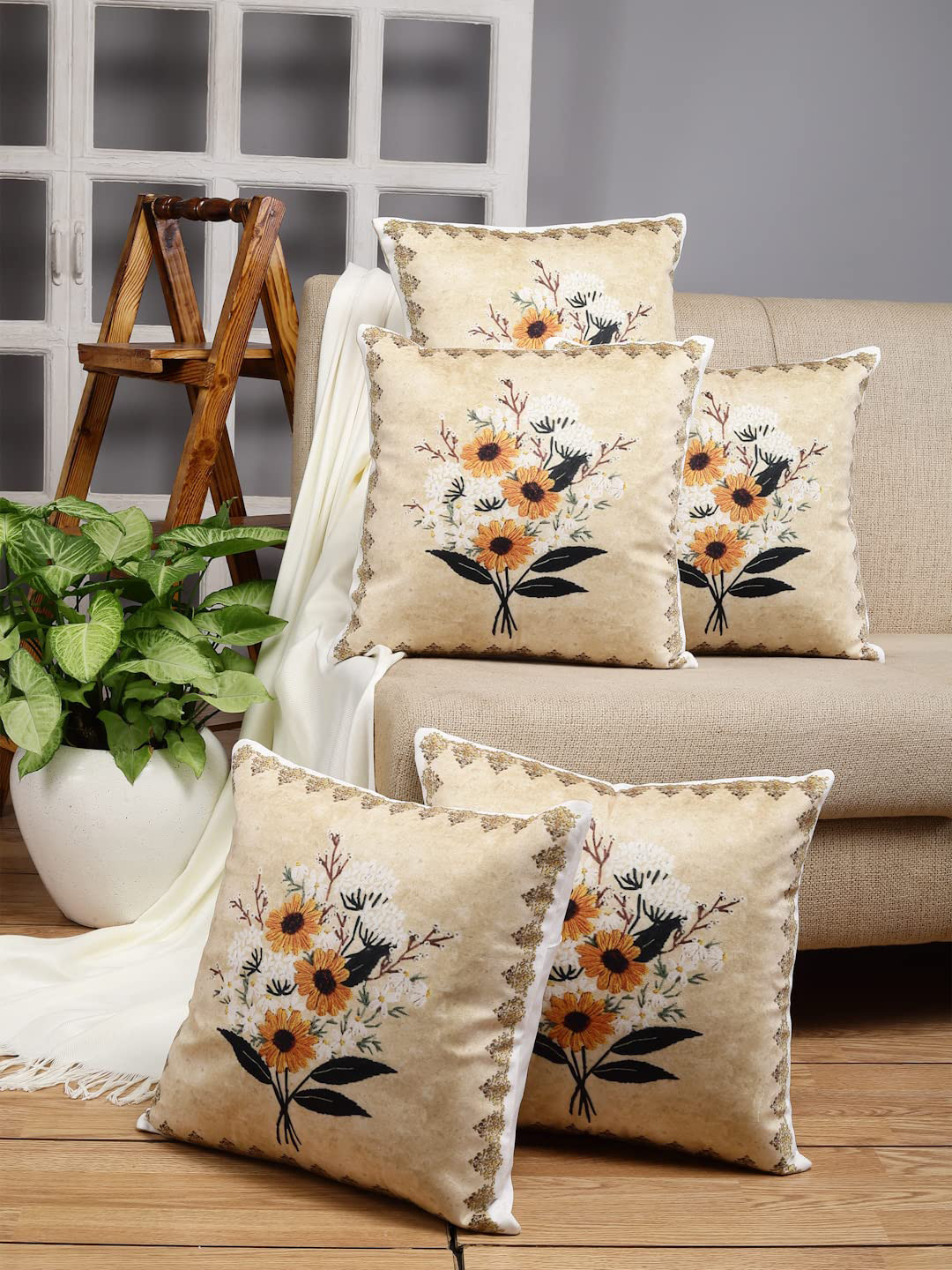 Stylespace by Isha Beige & White 5-Pieces Embroidered Velvet Square Cushion Covers
Stylespace by Isha Beige & White 5-Pieces Embroidered Velvet Square Cushion Covers