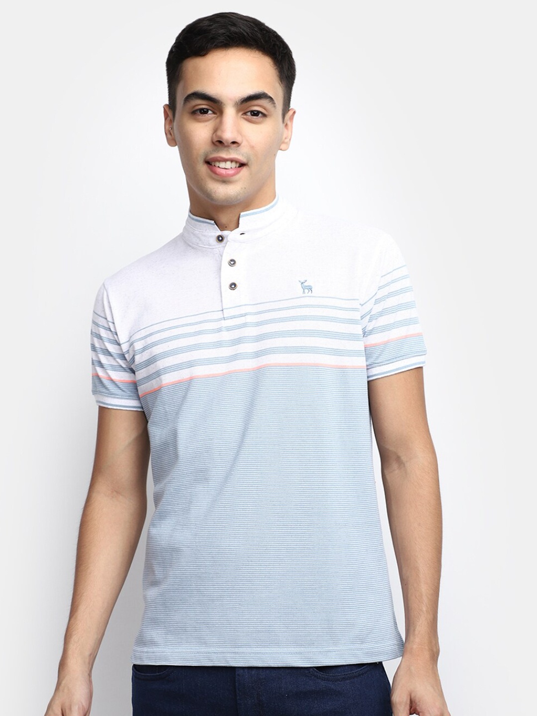 V-Mart Striped Mandarin Collar Cotton T-shirt, Blue