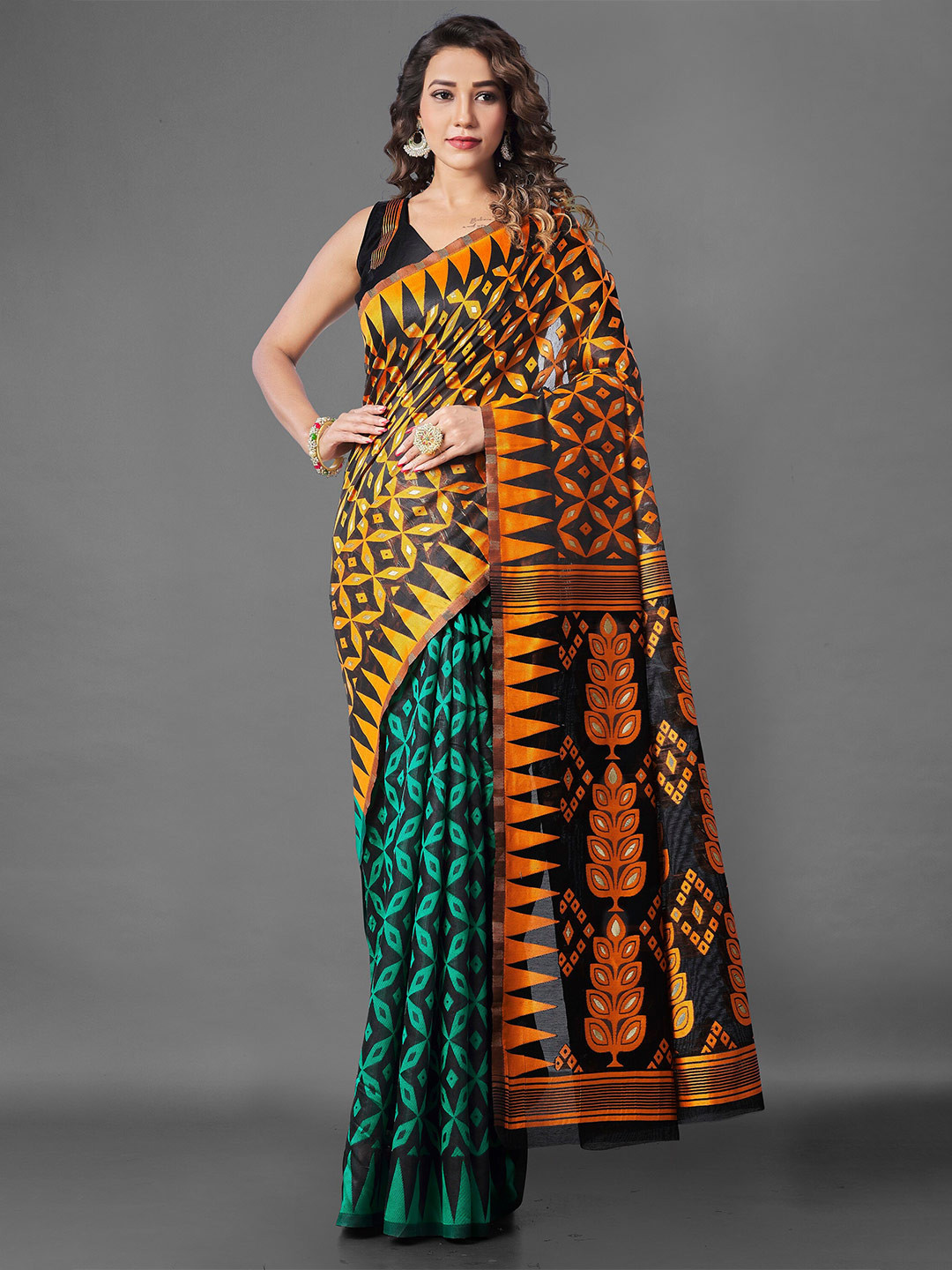 Fashion Booms Geometric Woven Design Pure Silk Half and Half Jamdani Saree, Black
Fashion Booms Geometric Woven Design Pure Silk Half and Half Jamdani Saree, Black