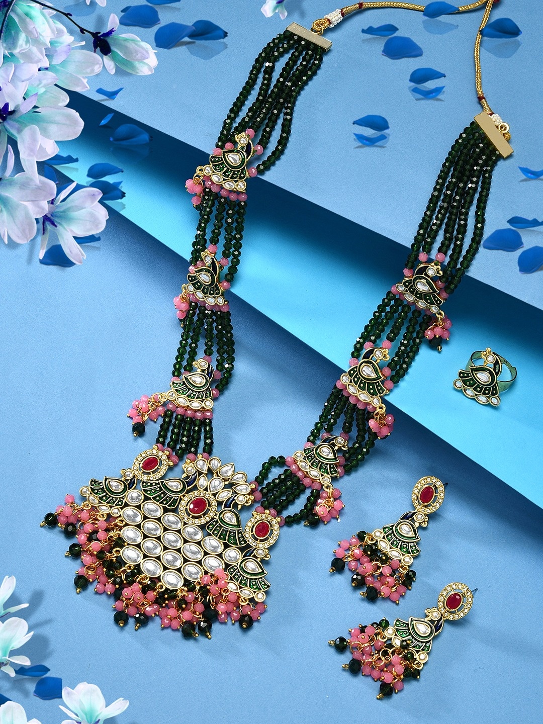 Zaveri Pearls Gold-Plated Green Pink Peacock Meenakari Necklace & Earring With Ring Set
Zaveri Pearls Gold-Plated Green Pink Peacock Meenakari Necklace & Earring With Ring Set