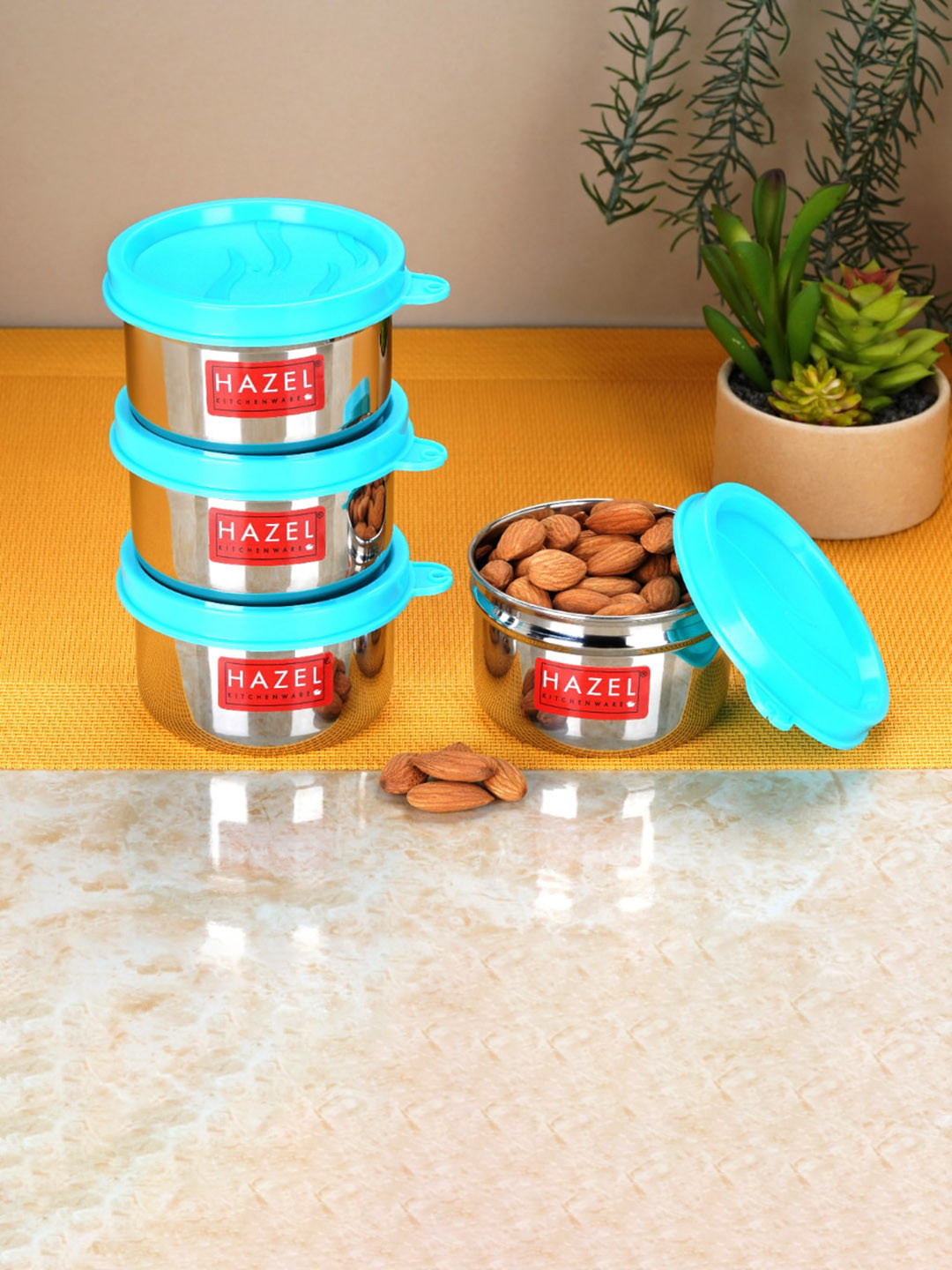 HAZEL Set of 4 Air Tight Stainless Steel Kitchen Storage Containers- 150 ml Each, Blue
HAZEL Set of 4 Air Tight Stainless Steel Kitchen Storage Containers- 150 ml Each, Blue