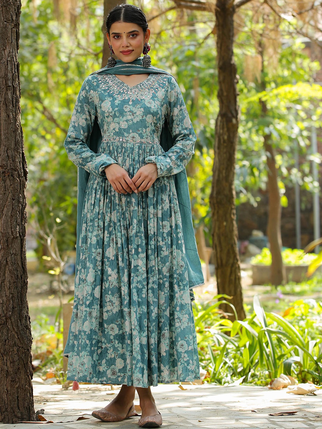 SCAKHI Floral Printed Fit & Flare Cotton Dress With Dupatta, Teal