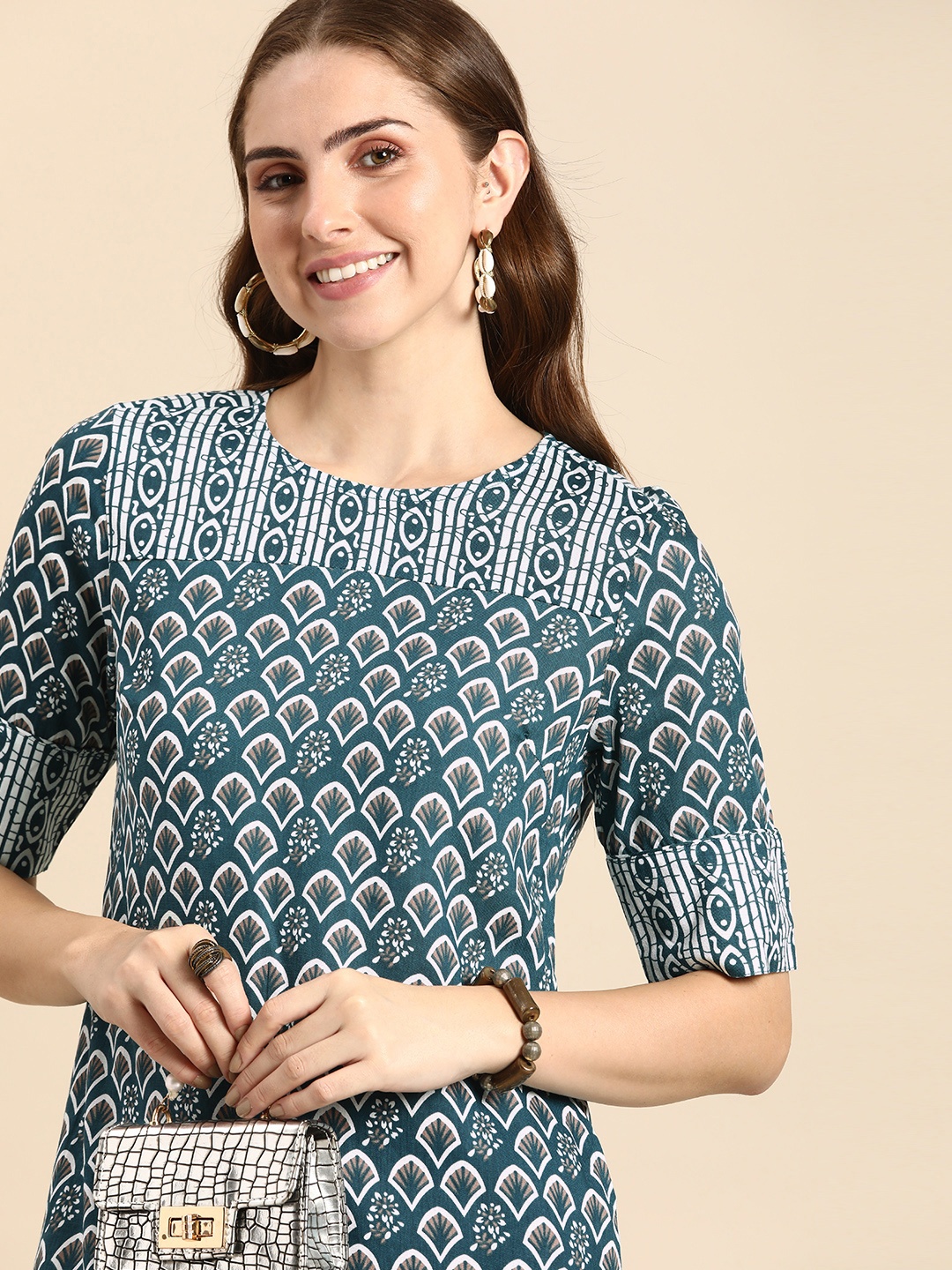 Anouk Ethnic Motifs Printed Round-Neck Straight Kurta, Teal