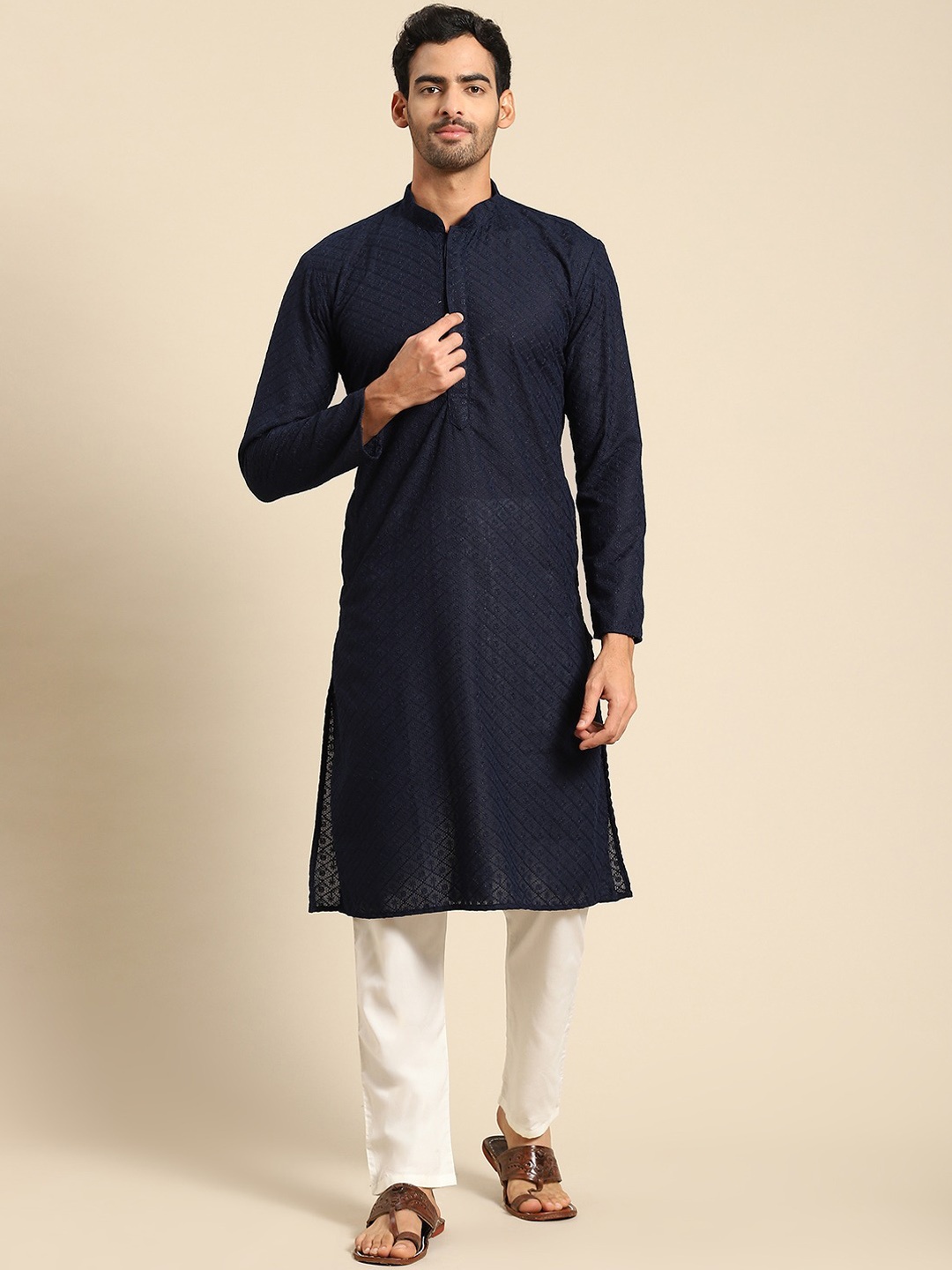 RAJUBHAI HARGOVINDAS Geometric Chikankari Embroidered Cotton Straight Kurta, Navy blue
RAJUBHAI HARGOVINDAS Geometric Chikankari Embroidered Cotton Straight Kurta, Navy blue