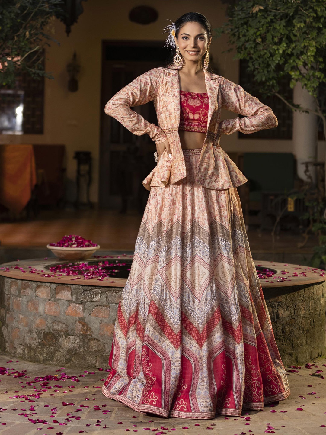 SCAKHI Floral Printed Kalamkari Ready to Wear Lehenga Choli With Attached Blazer Jacket, Beige
SCAKHI Floral Printed Kalamkari Ready to Wear Lehenga Choli With Attached Blazer Jacket, Beige