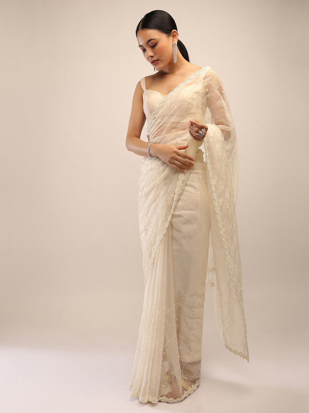 KALKI Fashion Embellished Beads and Stones Saree, White