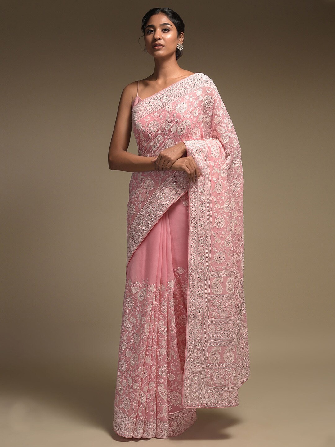 KALKI Fashion Paisley Embroidered Pure Georgette Saree, Pink
