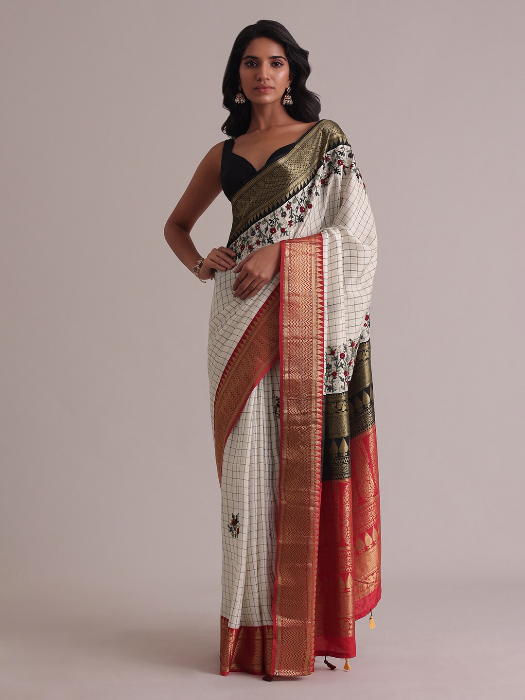 KALKI Fashion Floral Zari Pure Linen Saree, White