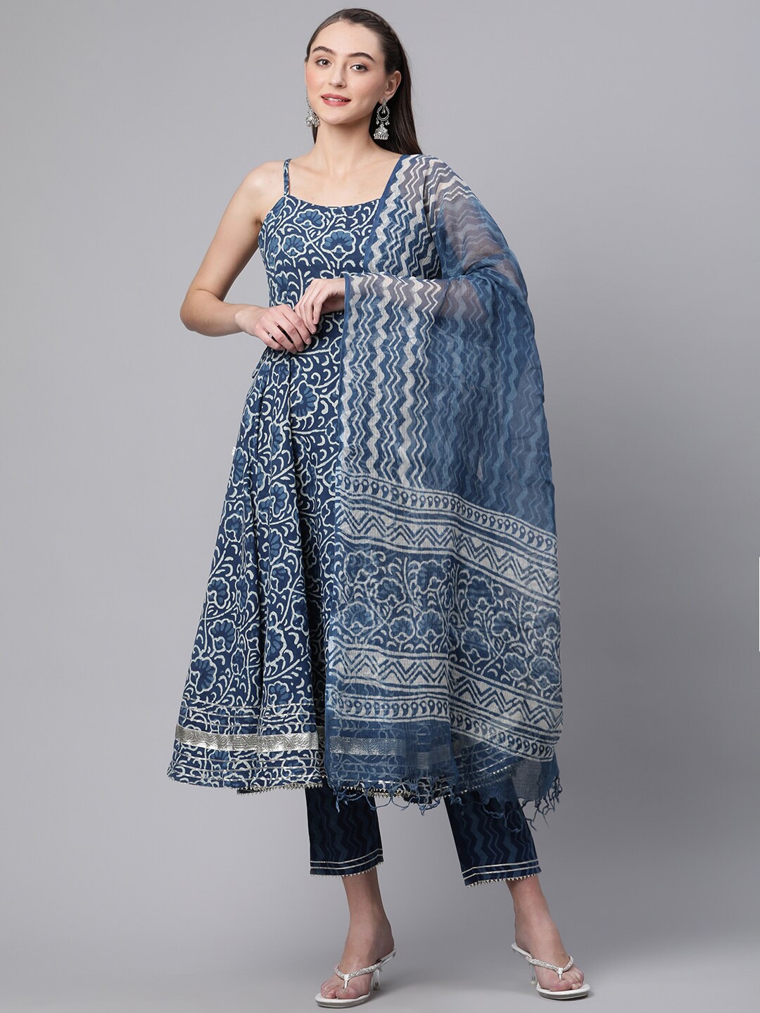 Divena Floral Block Printed Gotta Patti Anarkali Pure Cotton Kurta with Trousers & Dupatta, Blue
Divena Floral Block Printed Gotta Patti Anarkali Pure Cotton Kurta with Trousers & Dupatta, Blue