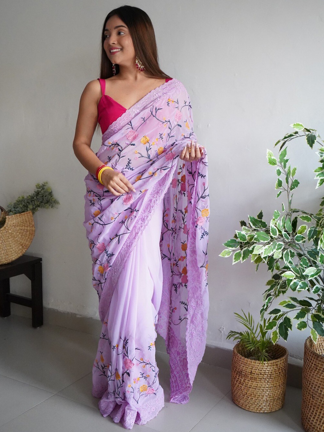 Atulyam Tex World Floral Embroidered Pure Georgette Saree, Lavender