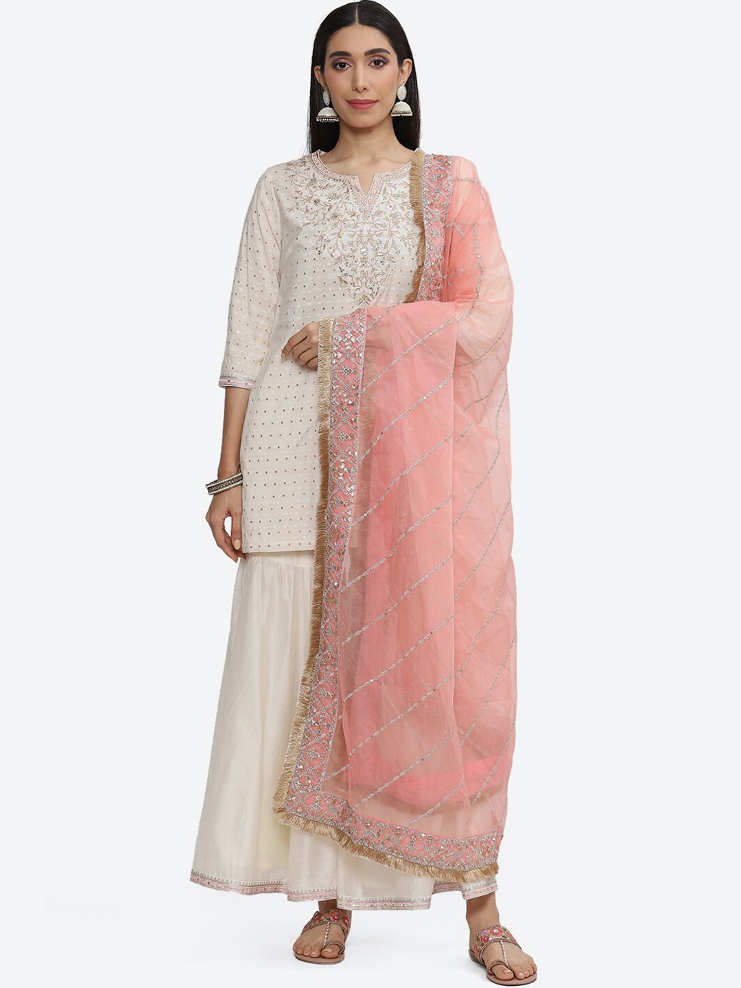 Biba Floral Embroidered Sequined Chanderi Silk Kurta with Sharara & With Dupatta, Off white
Biba Floral Embroidered Sequined Chanderi Silk Kurta with Sharara & With Dupatta, Off white