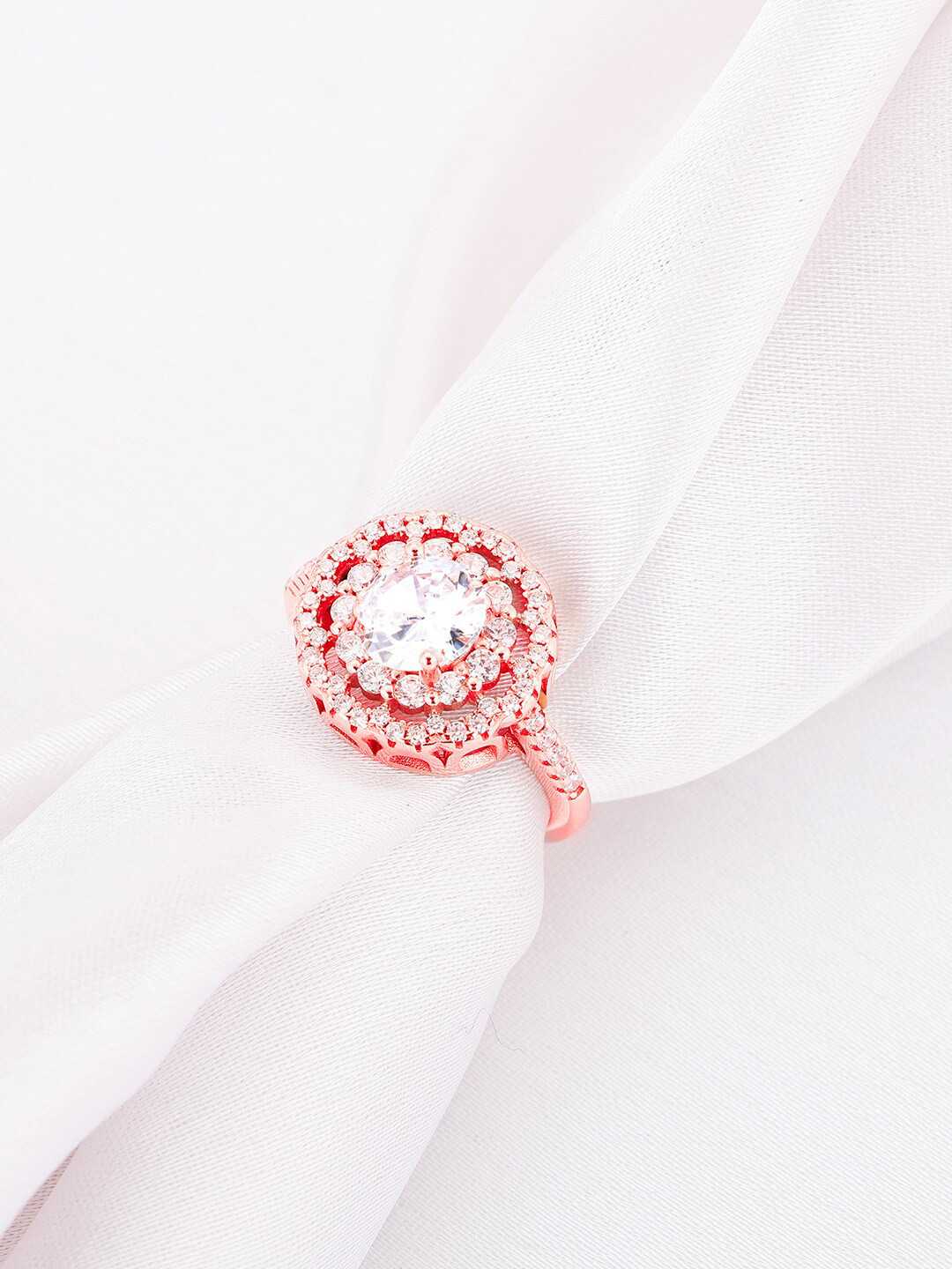GIVA 925 Sterling Silver Rose Gold-Plated CZ-Studded Adjustable Finger Ring