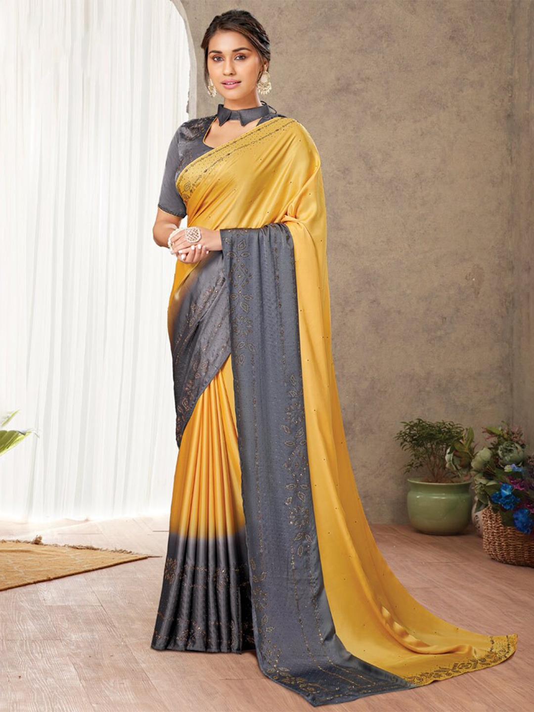 Vishal Prints Floral Embellished Stone Work Satin Saree With Blouse Piece, Orange
Vishal Prints Floral Embellished Stone Work Satin Saree With Blouse Piece, Orange