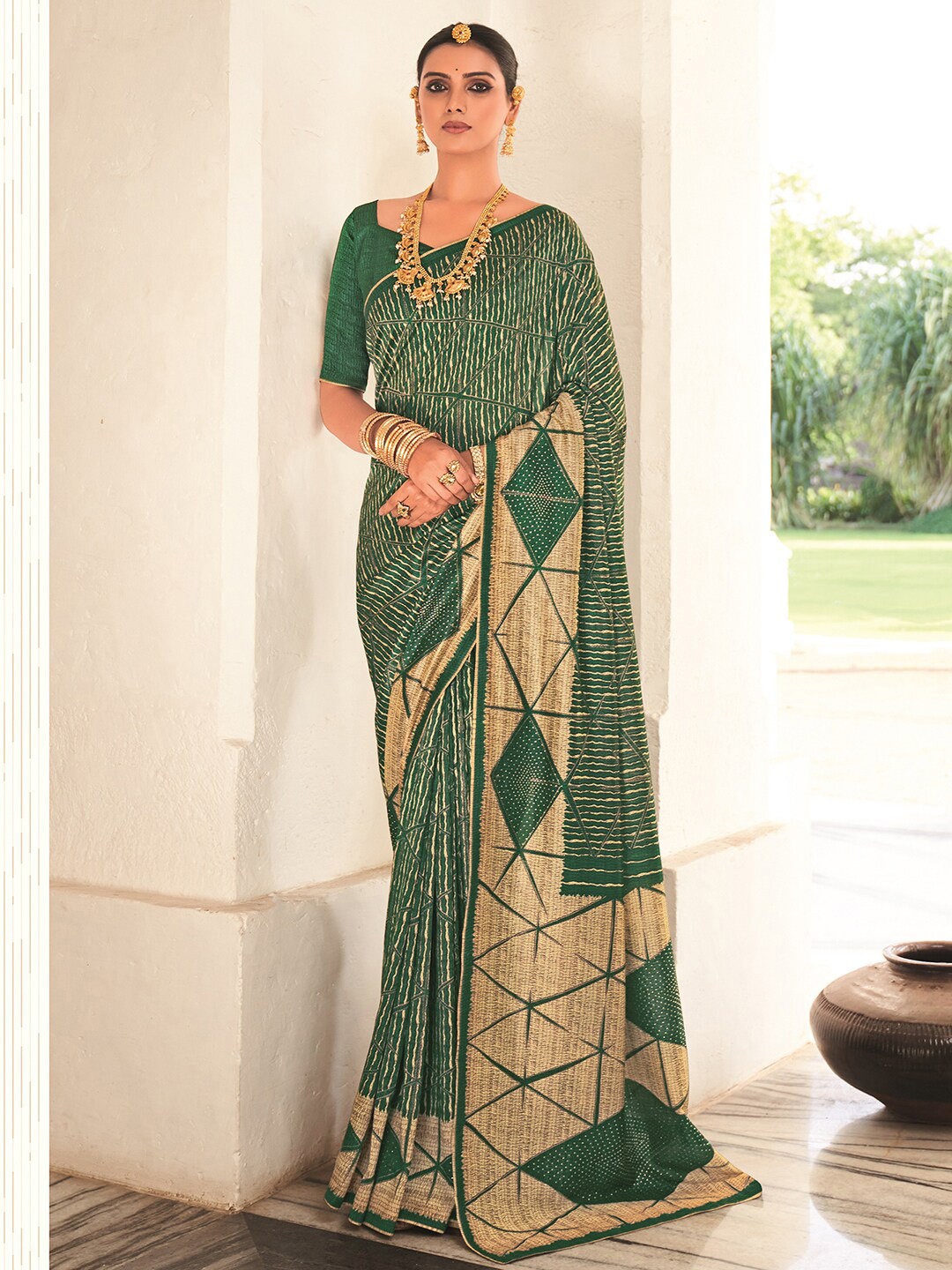 Satrani Green & Cream Striped Art Silk Banarasi Saree