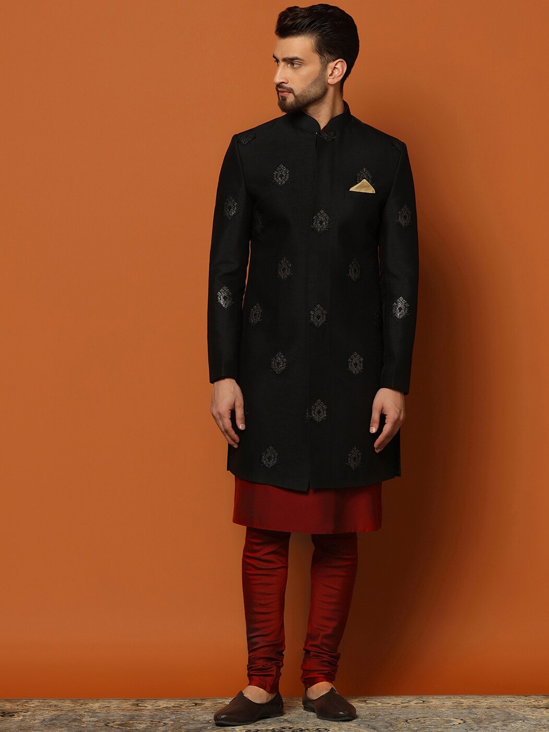 KISAH Men Self-Design Cotton Kurta & Indowestern Sherwani with Churidar Set, Black
KISAH Men Self-Design Cotton Kurta & Indowestern Sherwani with Churidar Set, Black