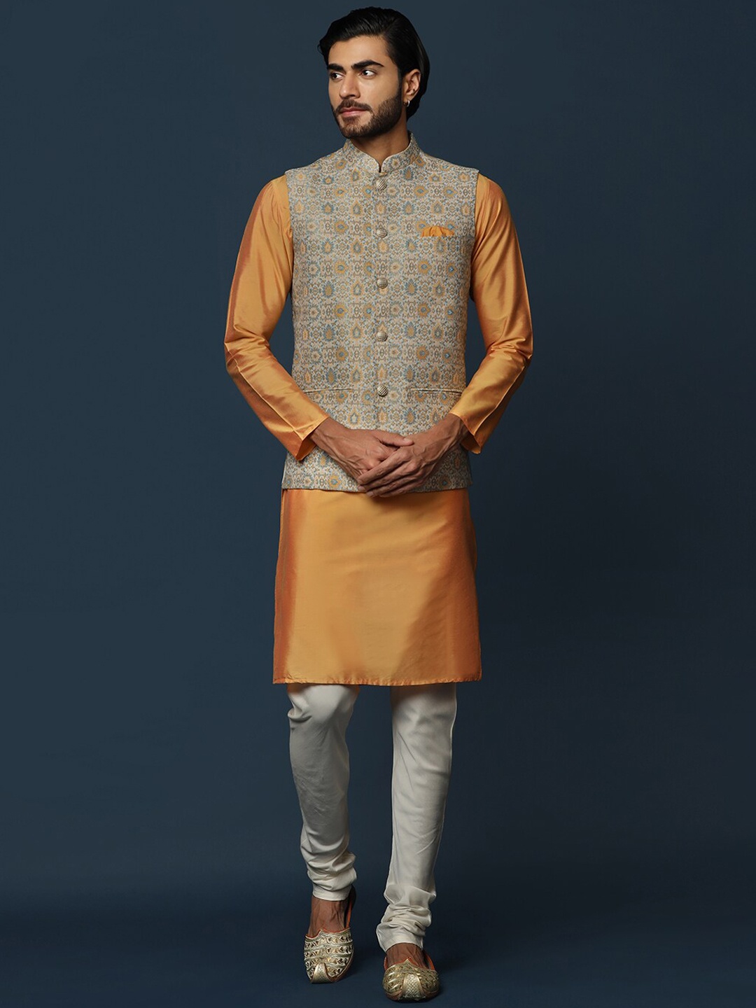 KISAH Mandarin Collar Regular Kurta with Churidar & Printed Nehru Jacket, Orange
KISAH Mandarin Collar Regular Kurta with Churidar & Printed Nehru Jacket, Orange