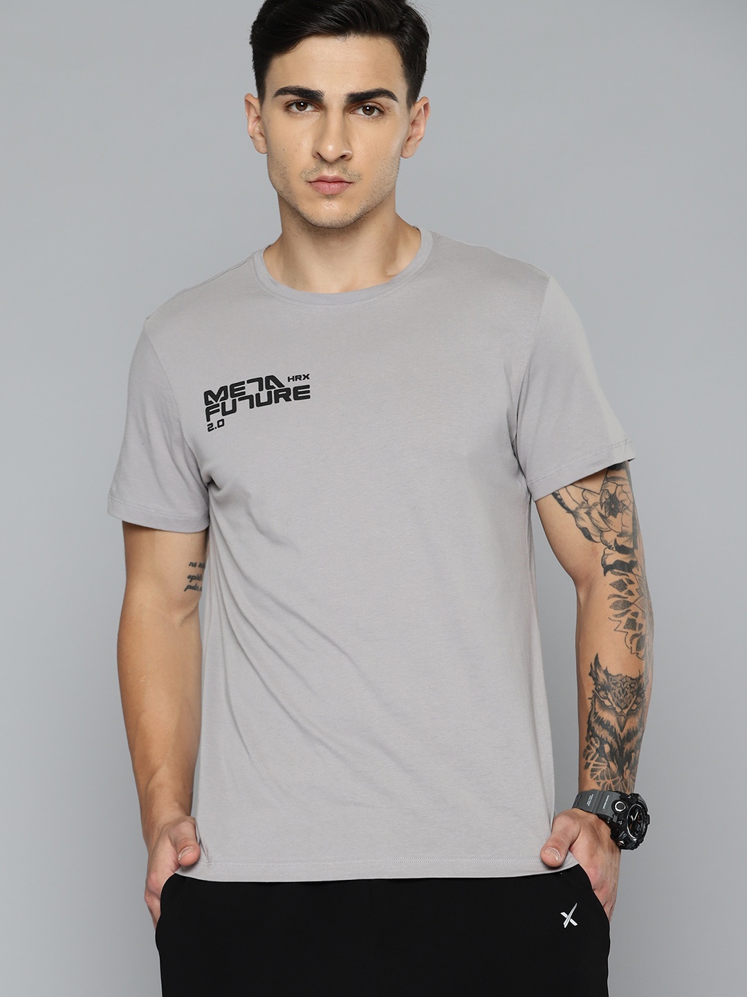 HRX by Hrithik Roshan Men Pure Cotton T-shirt, Grey