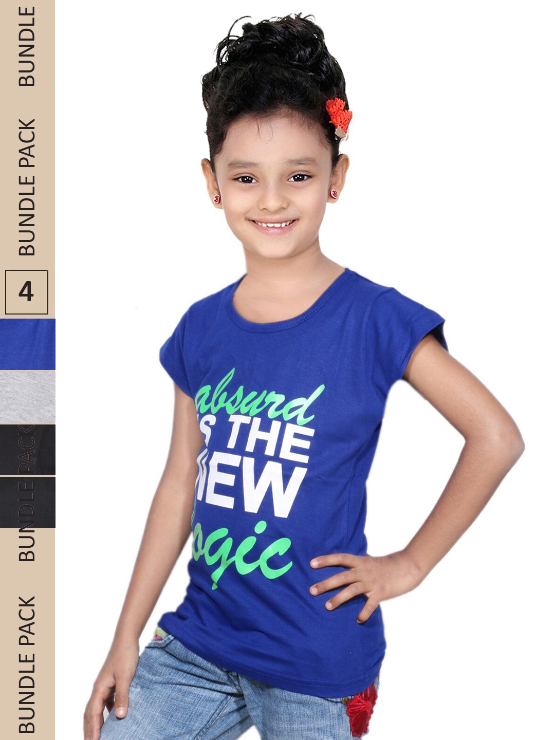 IndiWeaves Girls Multicoloured Typography 5 Printed Mandarin Collar Applique T-shirt, Multi