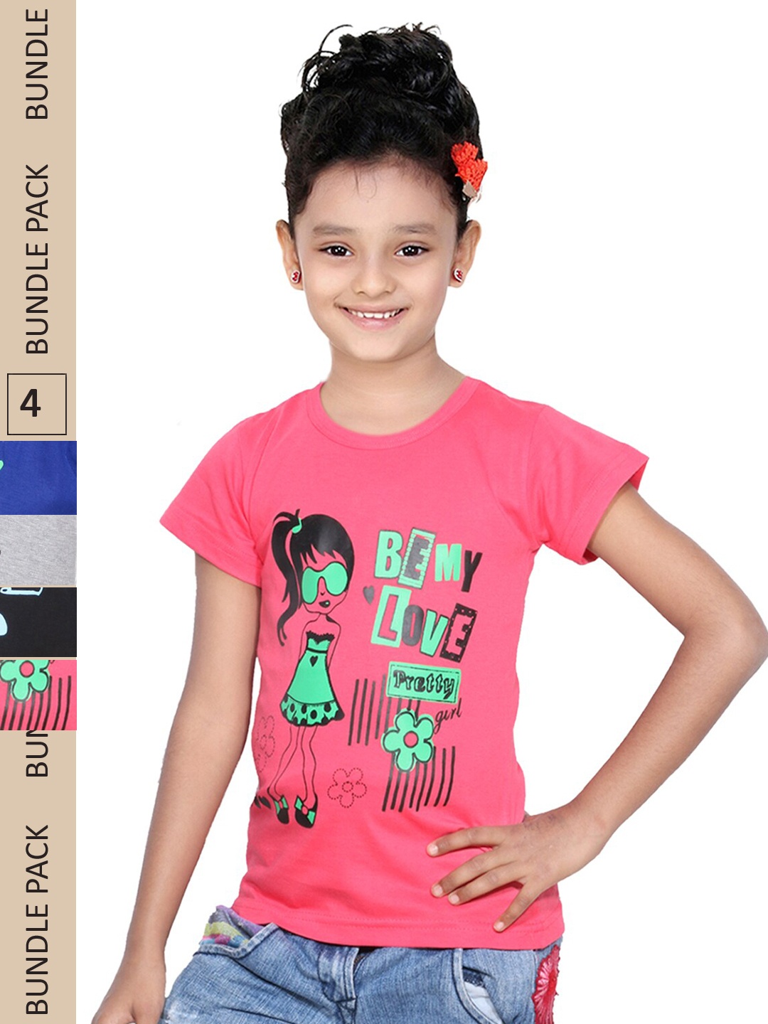 IndiWeaves Girls Pack Of 4 Printed Pure Cotton T-shirts, Pink