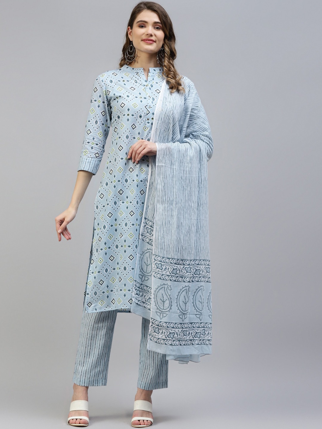 KALINI Geometric Printed Mandarin Collar Pure Cotton Kurta with Trousers & Dupatta, Blue
KALINI Geometric Printed Mandarin Collar Pure Cotton Kurta with Trousers & Dupatta, Blue
