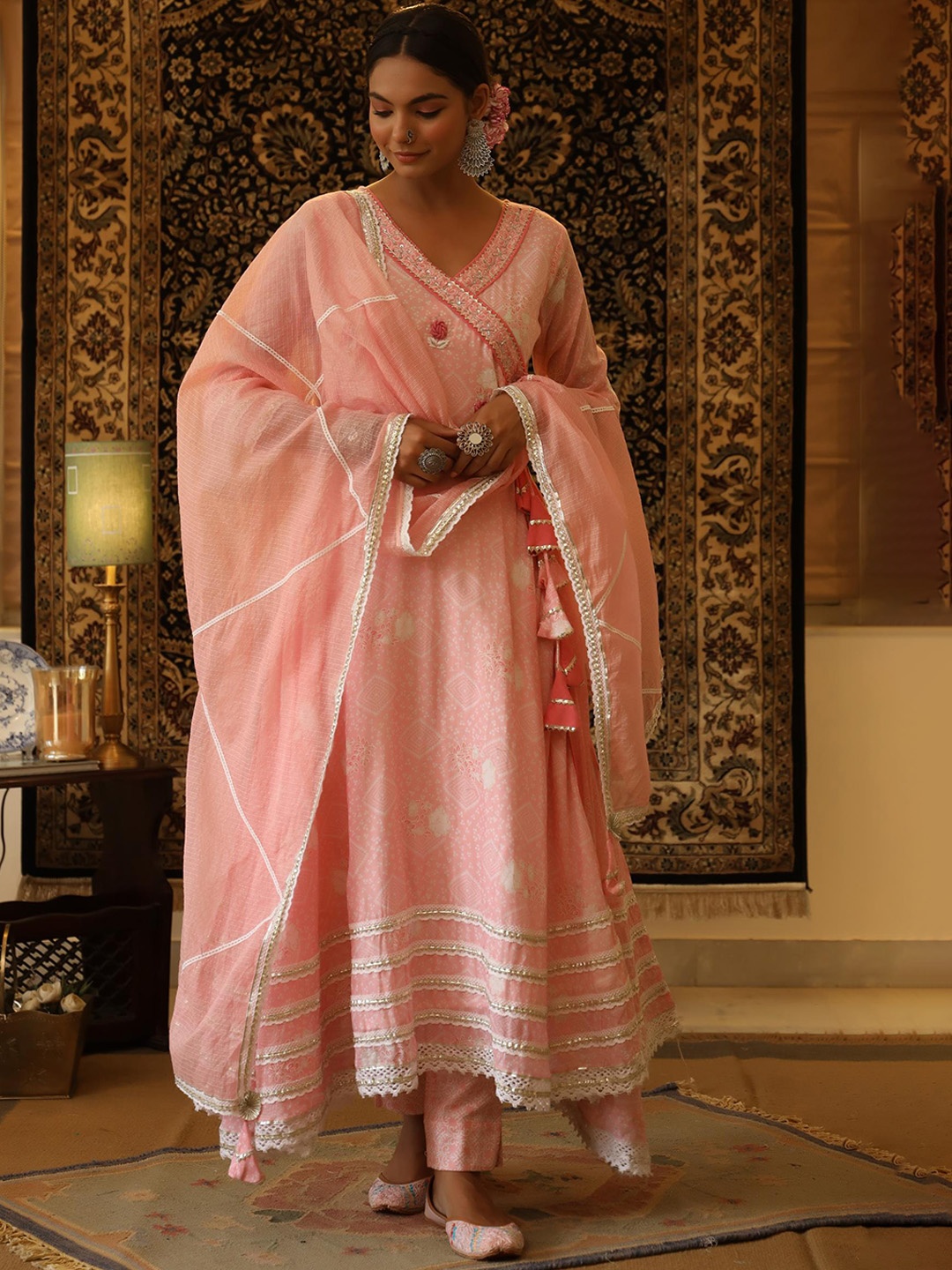 SCAKHI Printed Angrakha Beads & Stones Pure Cotton Kurta With Trousers & Dupatta, Pink
SCAKHI Printed Angrakha Beads & Stones Pure Cotton Kurta With Trousers & Dupatta, Pink