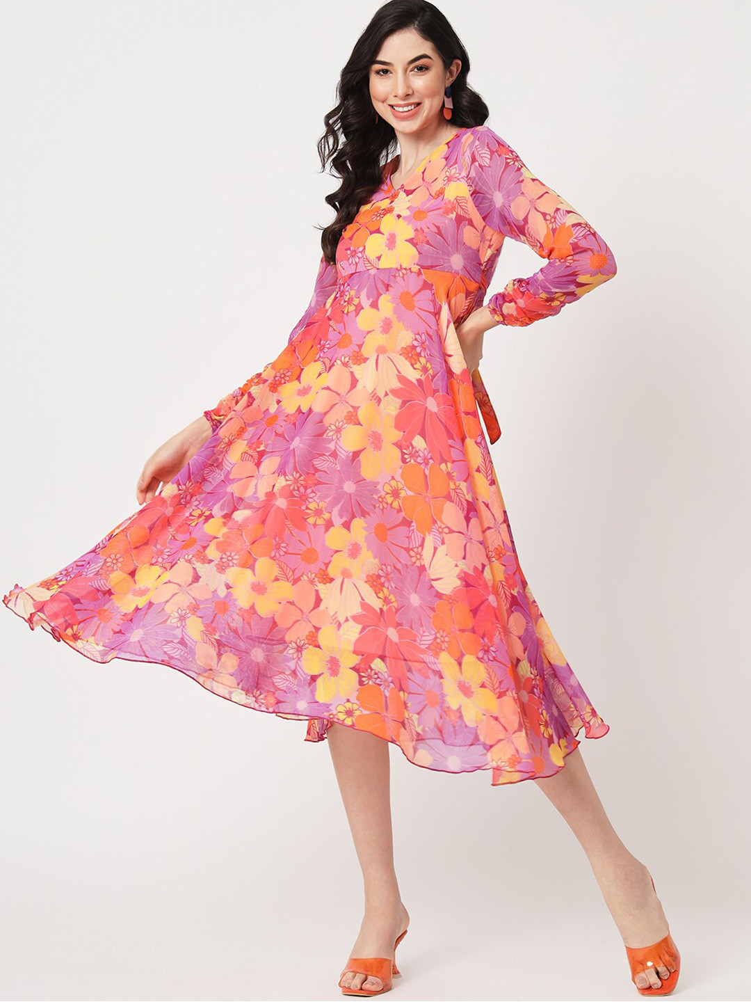 CUFFS N LASHES Floral Print Georgette A-Line Midi Dress, Orange 
CUFFS N LASHES Floral Print Georgette A-Line Midi Dress, Orange