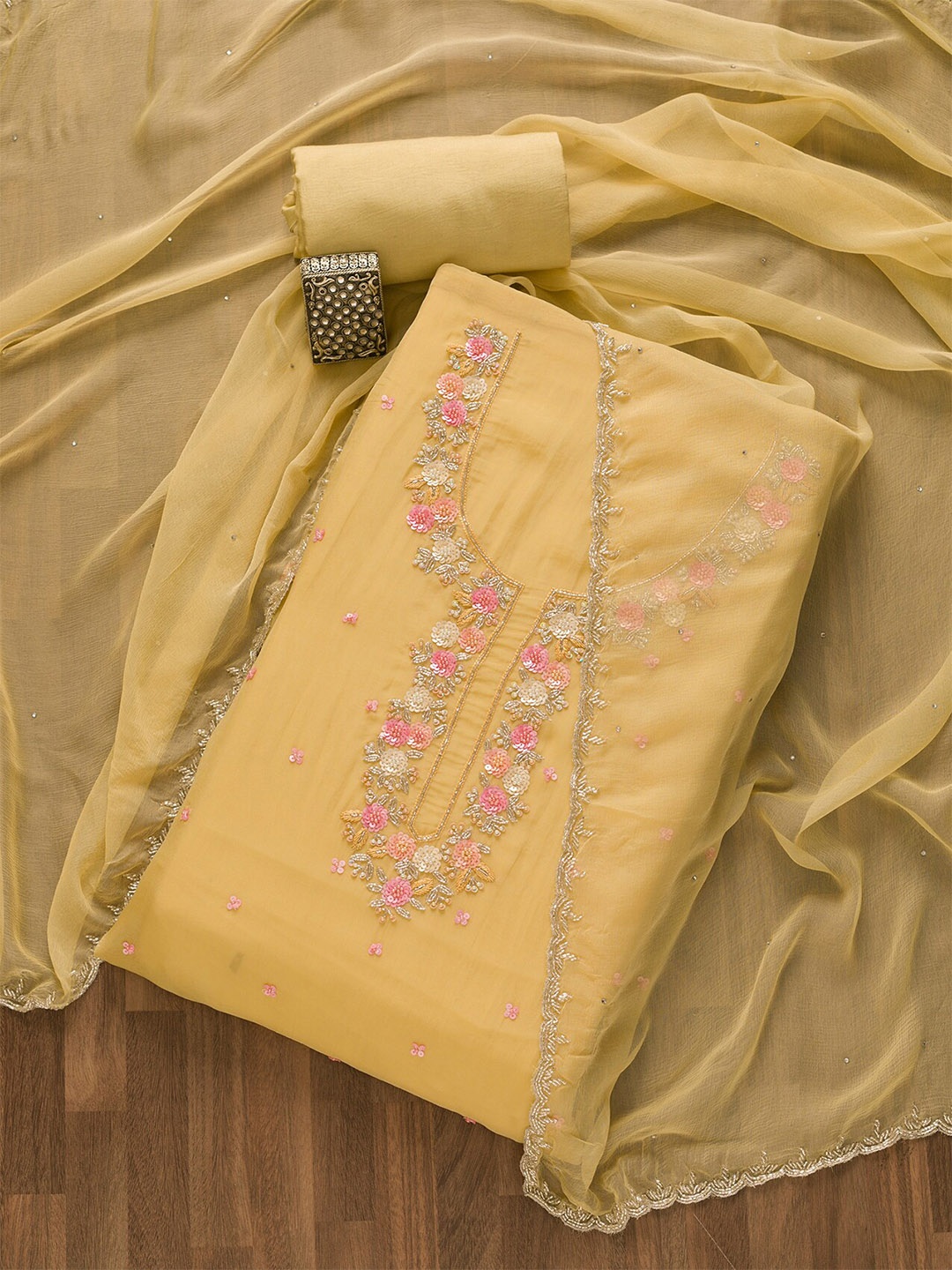 Koskii Embroidered Organza Unstitched Dress Material, Yellow