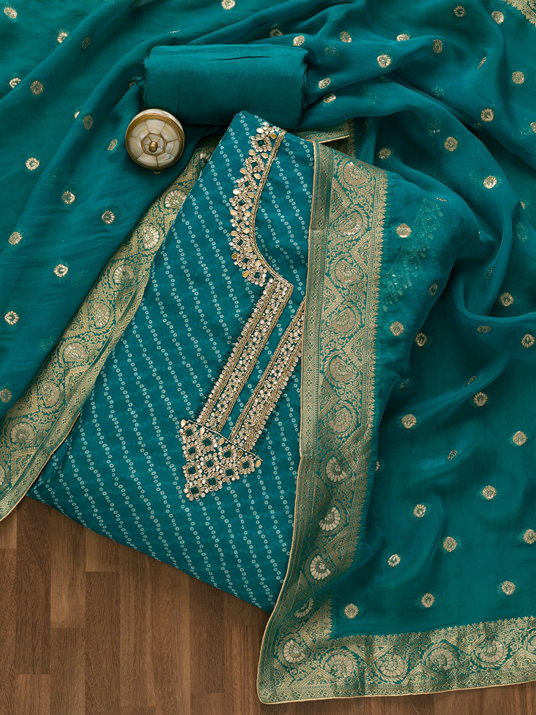 Koskii Bandini Printed Unstitched Dress Material, Turquoise blue 
Koskii Bandini Printed Unstitched Dress Material, Turquoise blue