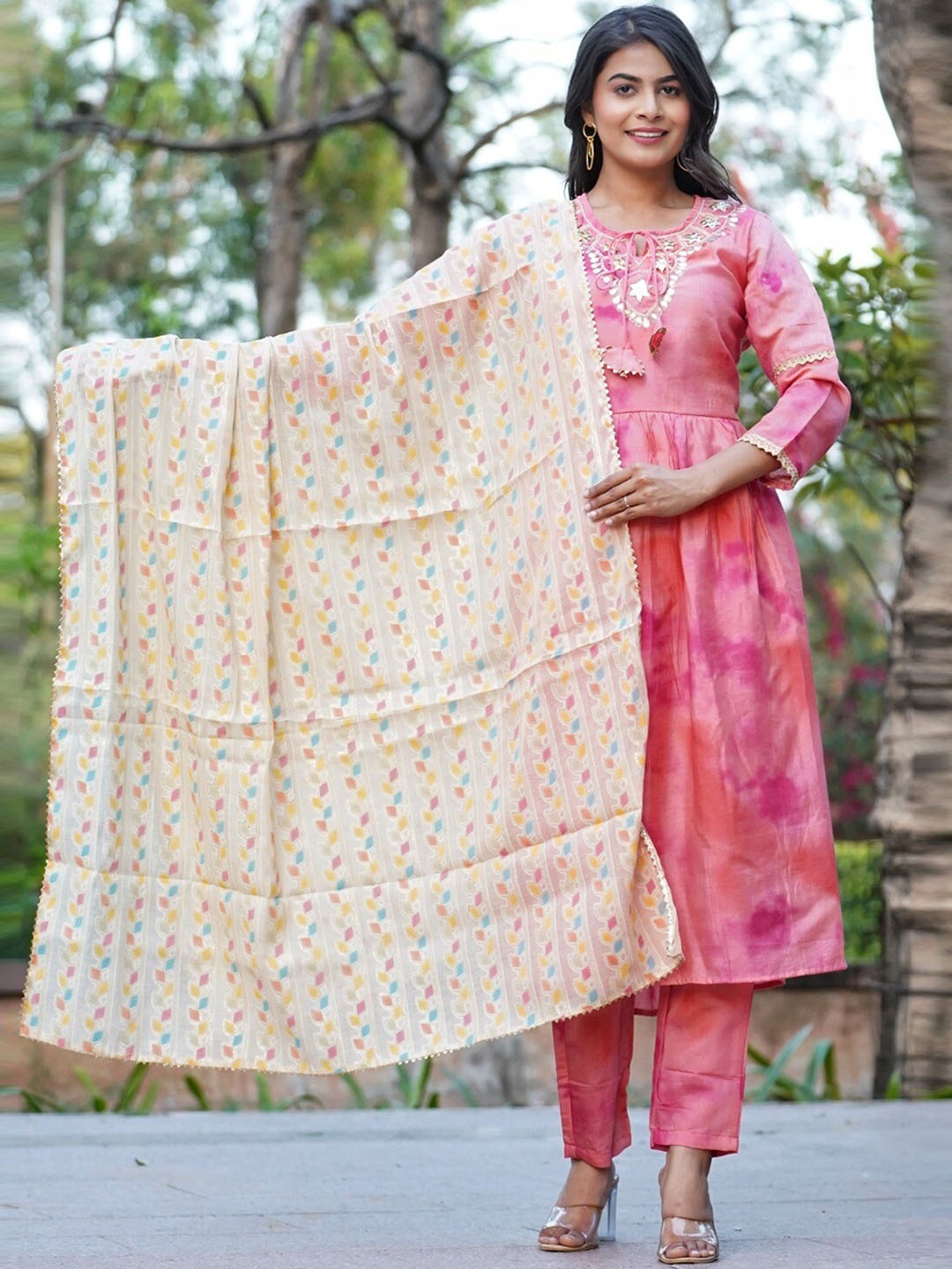 Kesarya Dyed High Slit Gotta Patti Chanderi Silk Kurta with Trousers & Dupatta, Pink
Kesarya Dyed High Slit Gotta Patti Chanderi Silk Kurta with Trousers & Dupatta, Pink