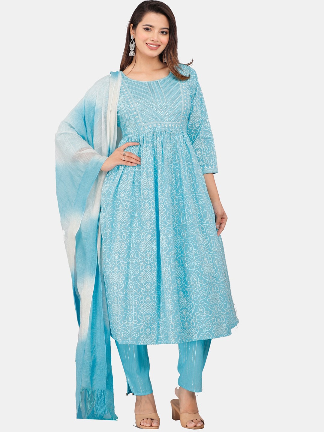 HIGHLIGHT FASHION EXPORT Bandhani Printed Mirror Work Kurta with Trousers & Dupatta, Turquoise blue
HIGHLIGHT FASHION EXPORT Bandhani Printed Mirror Work Kurta with Trousers & Dupatta, Turquoise blue