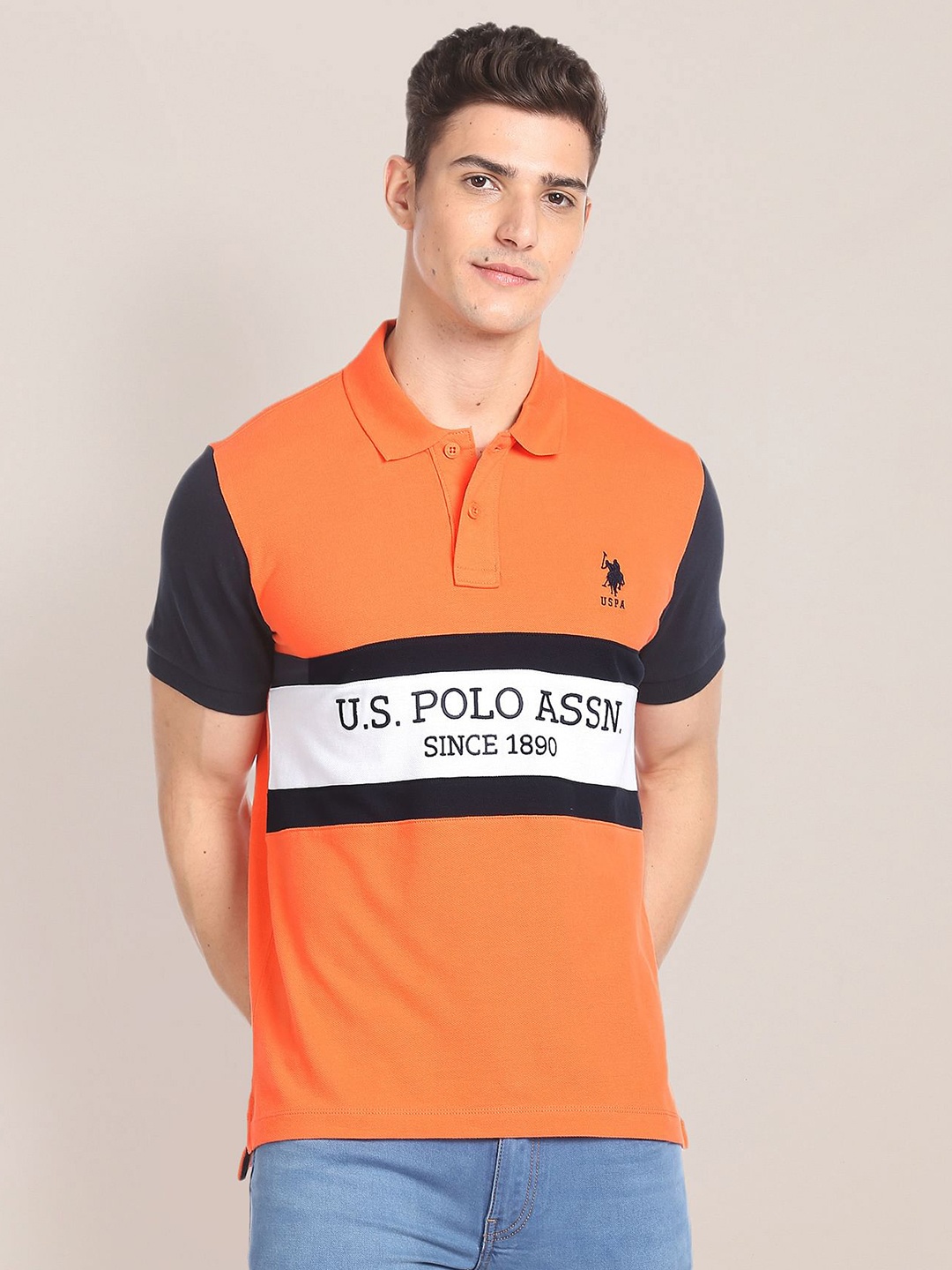 U.S. Polo Assn. Brand Logo Embroidered & Colourblocked Polo Collar Cotton T-Shirt, Orange
U.S. Polo Assn. Brand Logo Embroidered & Colourblocked Polo Collar Cotton T-Shirt, Orange