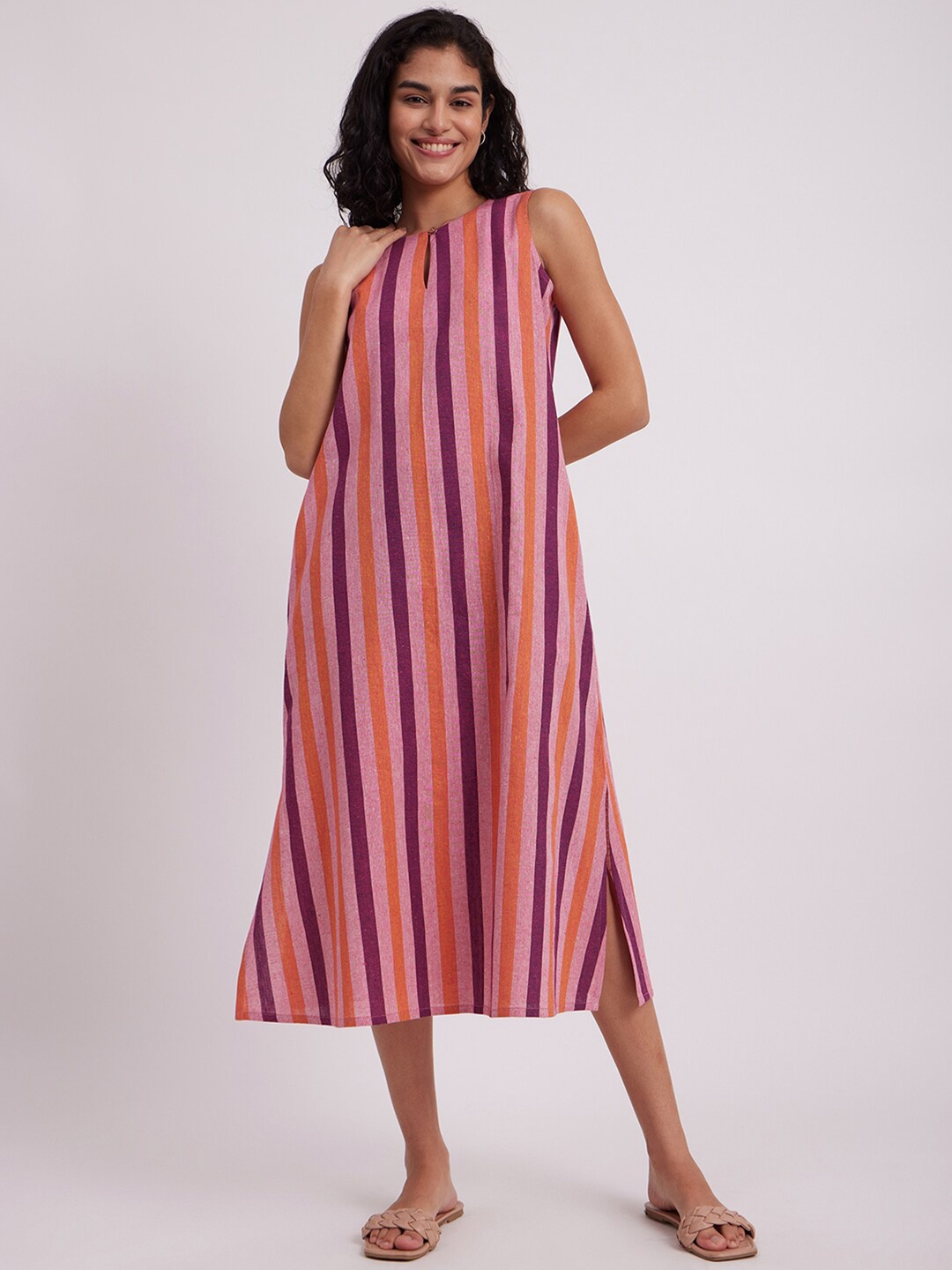 Pink Fort Striped Cotton A-Line Midi Dress