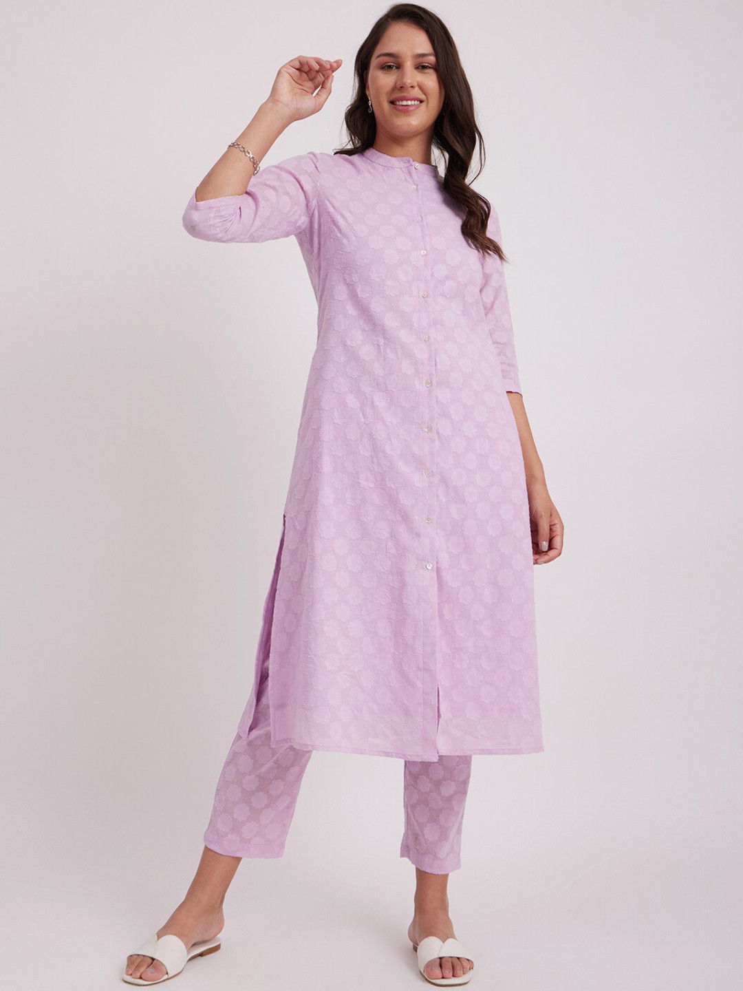 Pink Fort Floral Self Design Pure Cotton Kurta With Trousers, Lavender
Pink Fort Floral Self Design Pure Cotton Kurta With Trousers, Lavender