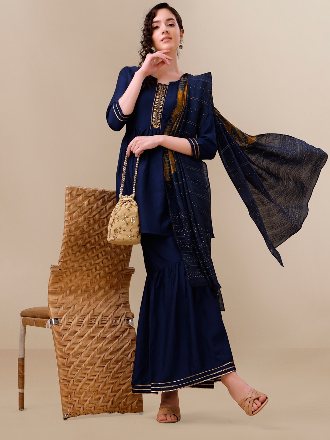 KALINI Ethnic Motifs Yoke Design Gotta Patti Kurti With Sharara & Dupatta, Navy blue
KALINI Ethnic Motifs Yoke Design Gotta Patti Kurti With Sharara & Dupatta, Navy blue