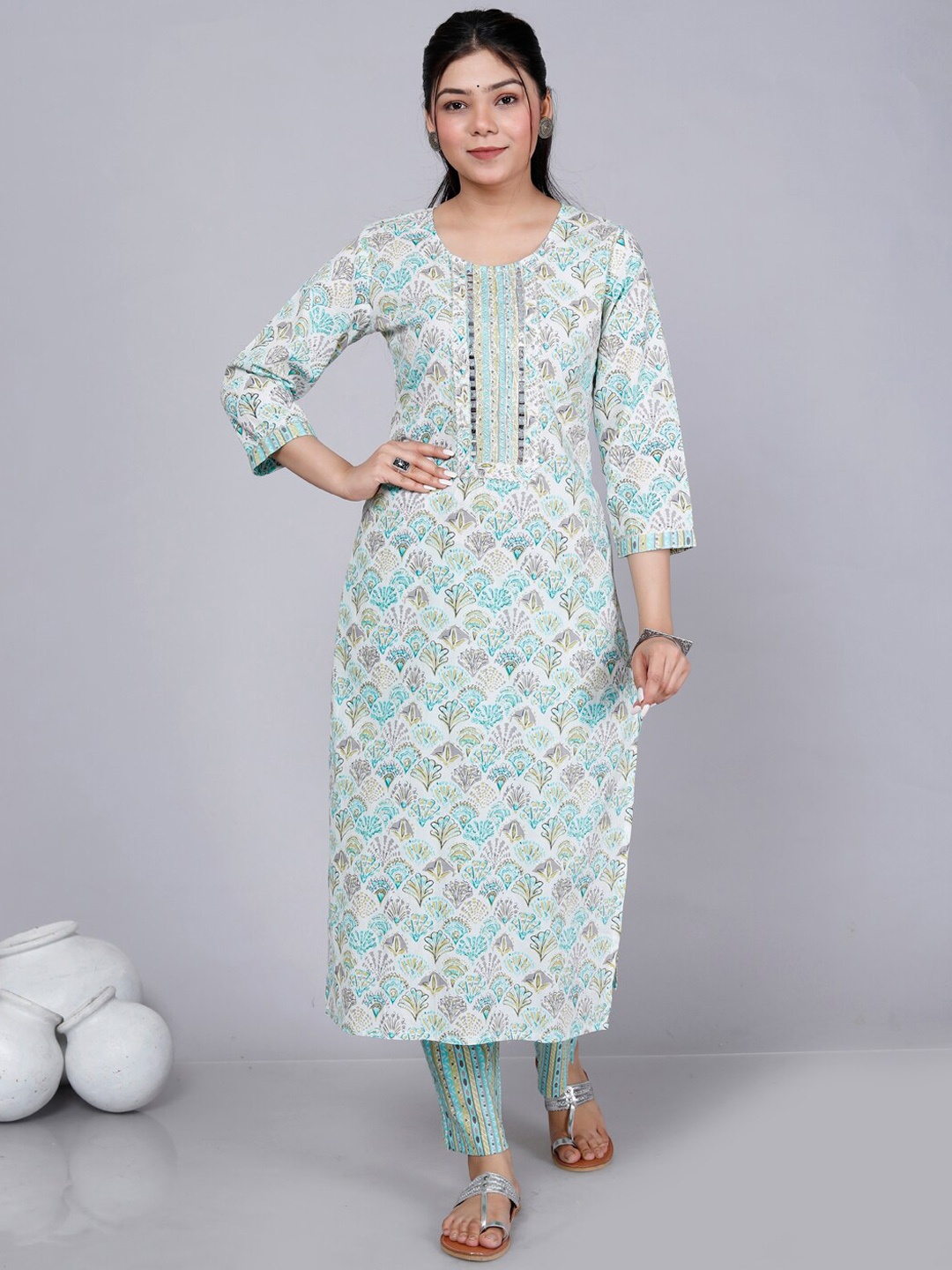 gvs shoppe Printed Mirror Work Lace Detail Pure Cotton Kurta with Palazzos & Dupatta, Grey
gvs shoppe Printed Mirror Work Lace Detail Pure Cotton Kurta with Palazzos & Dupatta, Grey