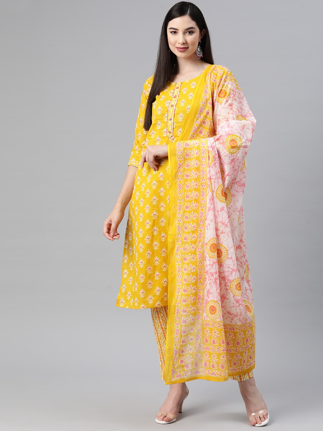 Readiprint Fashions Printed Sequinned Pure Cotton Kurta With Trousers & Dupatta, Yellow
Readiprint Fashions Printed Sequinned Pure Cotton Kurta With Trousers & Dupatta, Yellow