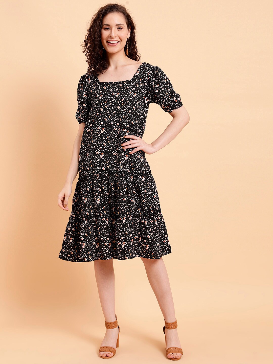 MINT STREET Floral Print Crepe Blouson Dress, Black