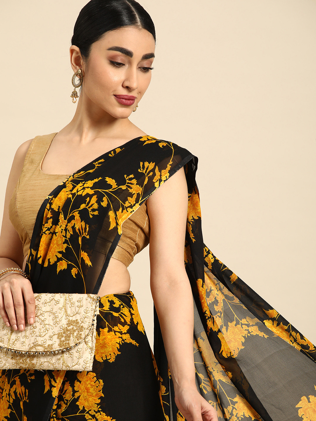 HERE&NOW Floral Poly Georgette Chanderi Saree, Black 
HERE&NOW Floral Poly Georgette Chanderi Saree, Black