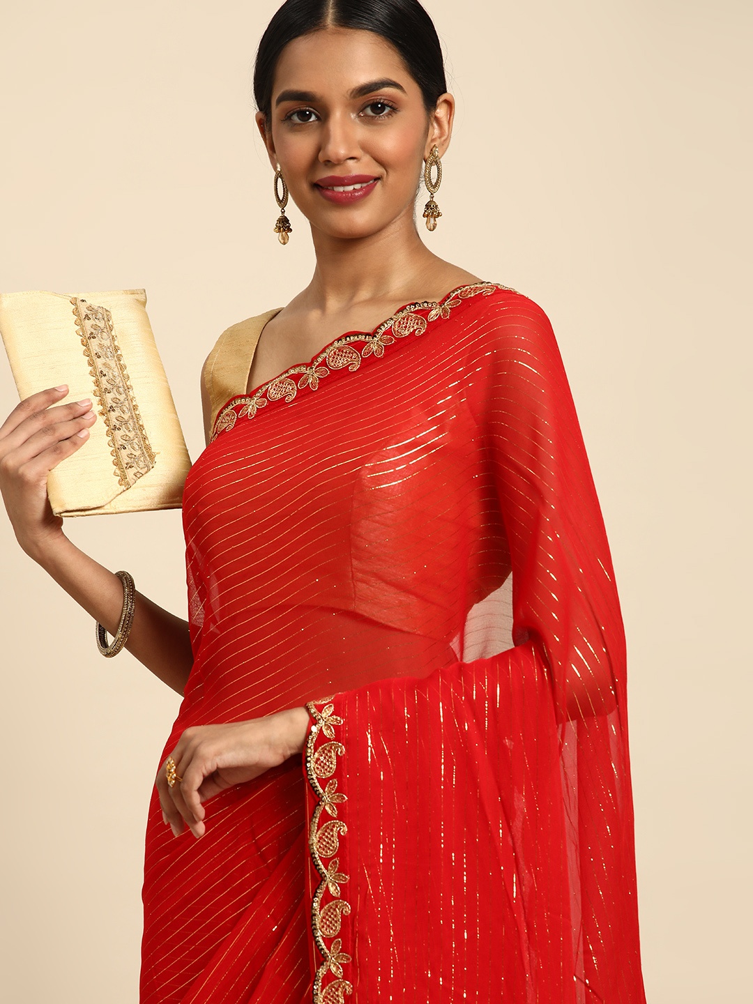 HERE&NOW Striped Zari Chanderi Saree, Red