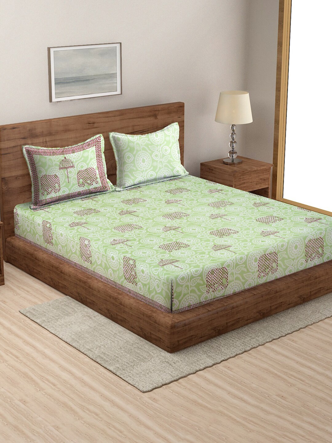 Rajasthan Decor Green Ethnic Motifs 210 TC Cotton Queen Bedsheet with 2 Pillow Covers
Rajasthan Decor Green Ethnic Motifs 210 TC Cotton Queen Bedsheet with 2 Pillow Covers