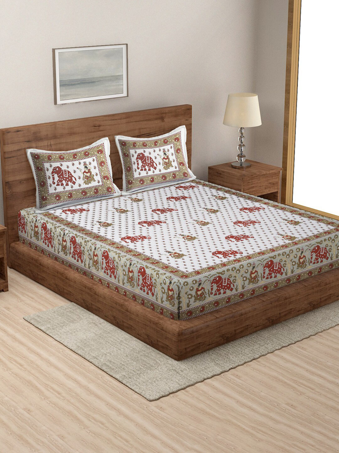 Rajasthan Decor White Ethnic Motifs 144 TC Cotton Queen Bedsheet with 2 Pillow Covers
Rajasthan Decor White Ethnic Motifs 144 TC Cotton Queen Bedsheet with 2 Pillow Covers